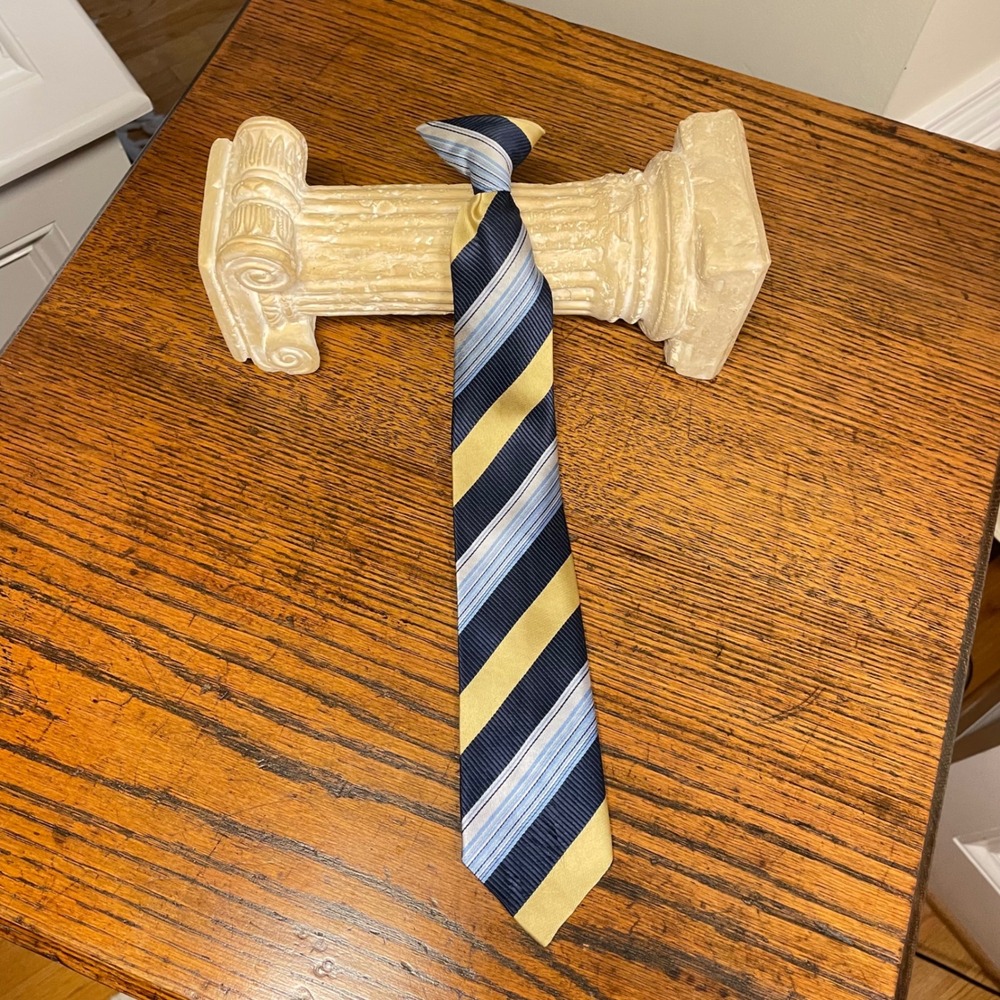 Boys Clip On Tie Striped Blue Yellow Pre Tied Necktie Modern Size M 2.75in 15in
